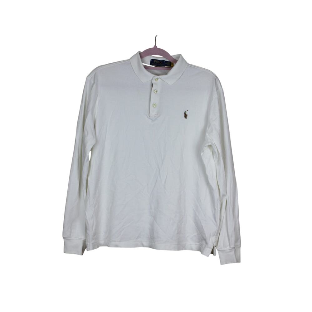 Men's Polo Ralph Lauren White Long Sleeve Collar Cotton Polo Shirt Size M